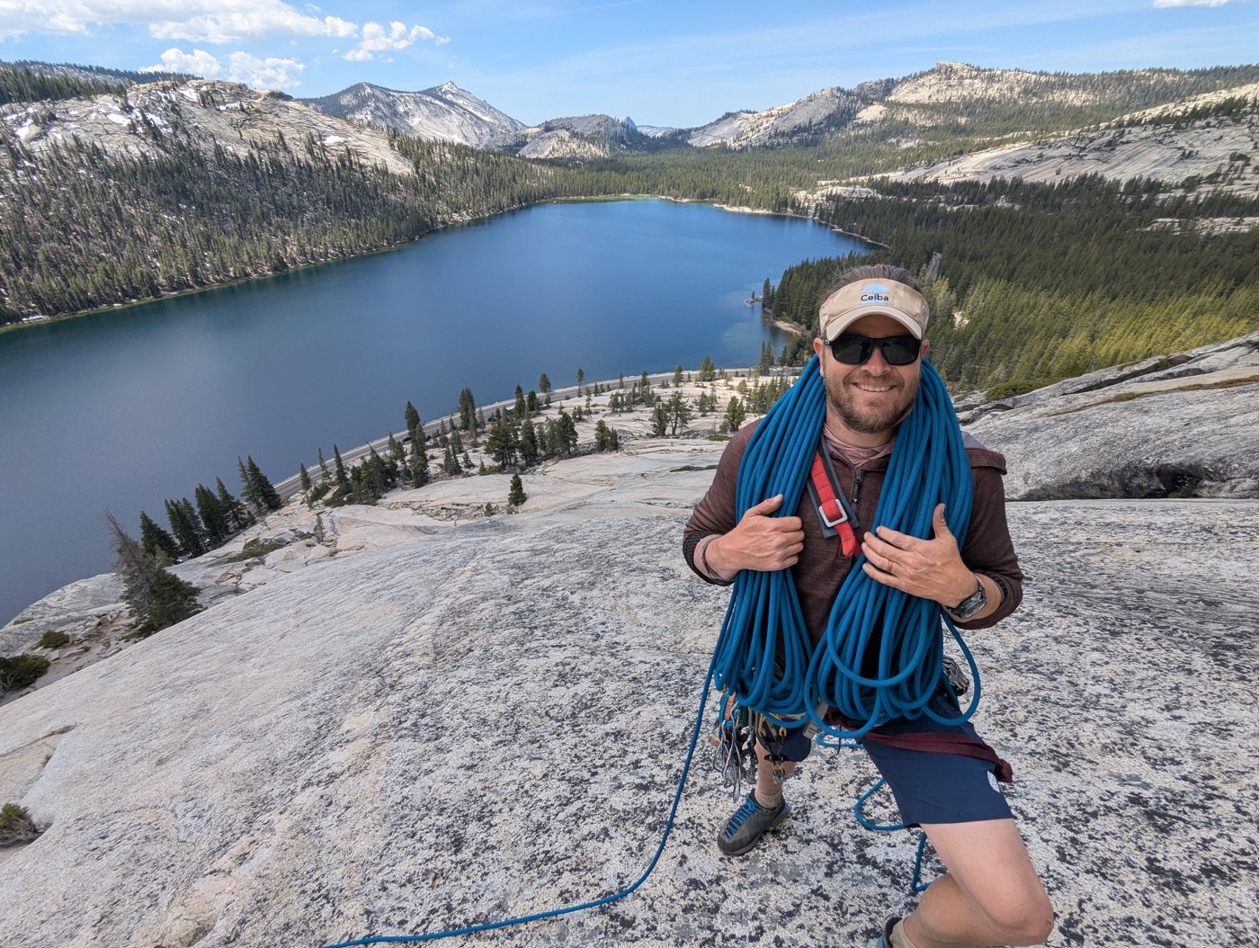 Joel Dugdale, roped up at Tenaya Lake, Yosemite